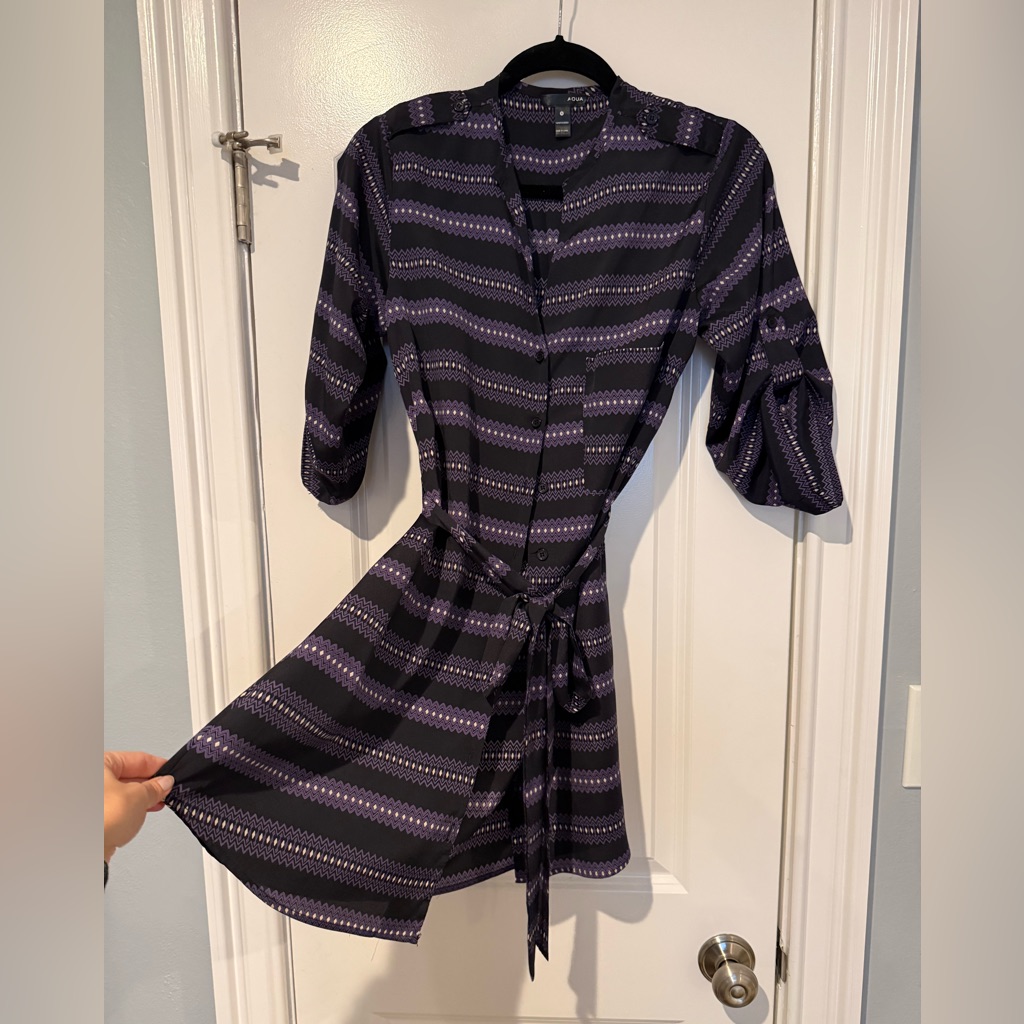 Aqua Purple Patterned Button-Up Shirt Dress With Tie Waist